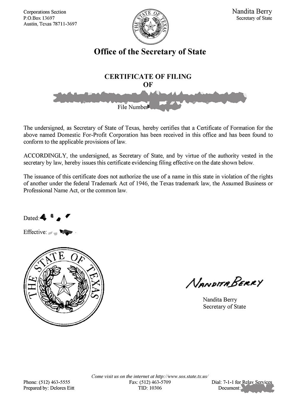 得克薩斯州公司注冊(cè)證書(shū)