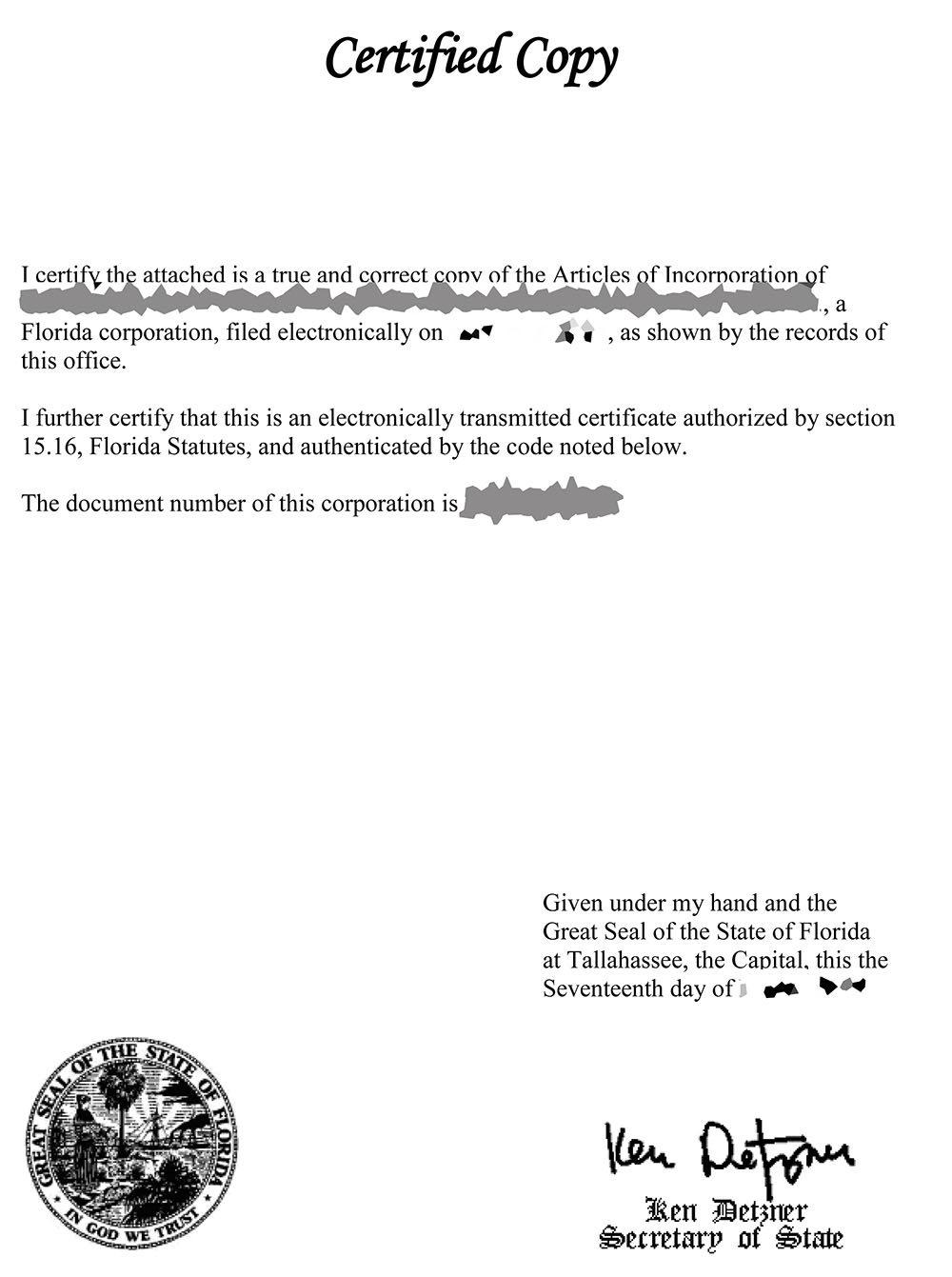 佛羅里達(dá)州公司注冊(cè)證書(shū)